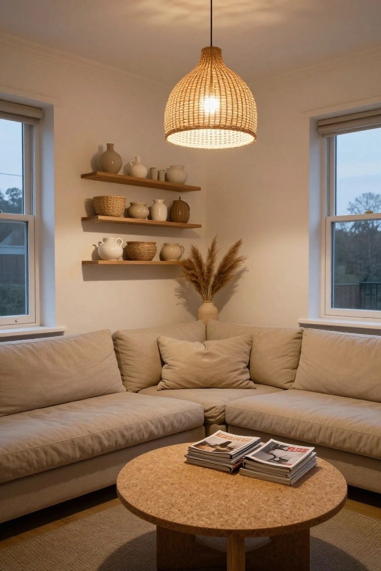 Cozy living room corner with beige L-shaped sofa, round cork coffee table holding stacked magazines, floating wooden shelves displaying ceramic vases, jugs, baskets, and pampas grass, rattan pendant light, and two windows with roller blinds.