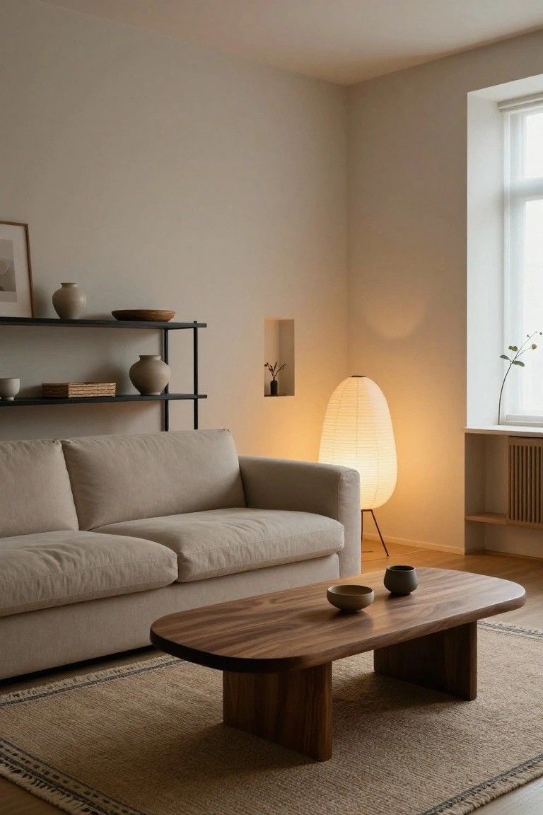 Corner of a light beige living room with a low cream linen sofa, oval dark wood coffee table on a light seagrass rug, black metal shelves holding ceramic vases and bowls, and a tall white paper lantern lamp next to a window.