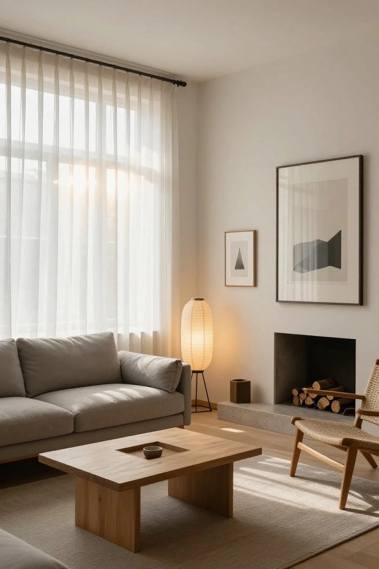 Light-filled living room with low rectangular oak coffee table containing a small ceramic bowl, gray L-shaped sofa, tan rattan armchair, white paper lantern floor lamp, brick fireplace with firewood, minimalist abstract artwork, and sheer white curtains over large windows.