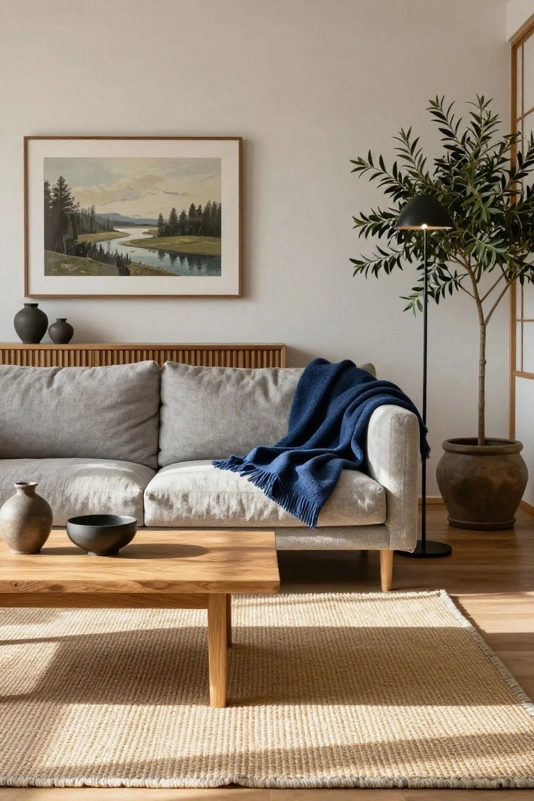 Light gray linen sofa with navy wool throw on wooden legs in a living room, slatted light wood credenza behind it holding black pottery vases, oak coffee table with ceramics, tall potted olive tree next to black arc lamp, and framed landscape painting on white wall.
