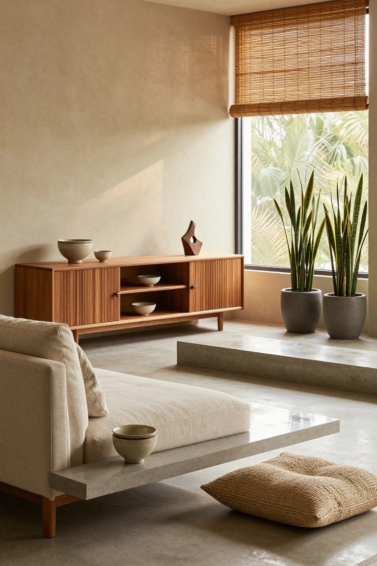 Japandi living room with slatted wooden credenza displaying ceramic bowls and a vase, low beige sofa with concrete armrest and wood legs, two potted snake plants by window with bamboo blinds, beige walls, and polished concrete floor.