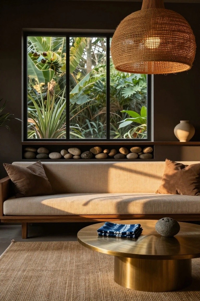 Japandi living room interior with tan linen sofa, brass drum coffee table holding a blue cloth and rock, rattan pendant lamp overhead, large black-framed window showing tropical plants and palms, and built-in dark wall niche below window filled with smooth pebbles.