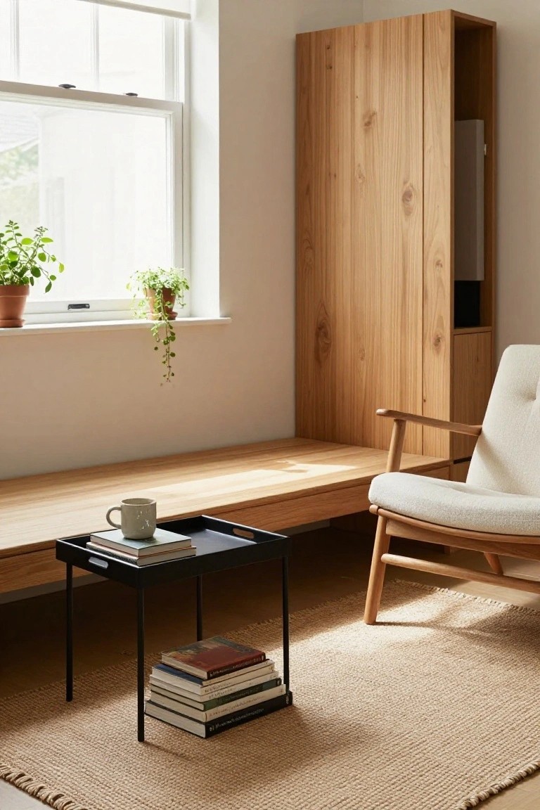 Bright corner of a living room with light wooden bench, black metal tray table holding stacked books and a mug, cream fabric armchair, tall wooden cabinet, plants on windowsill, and beige rug on floor.