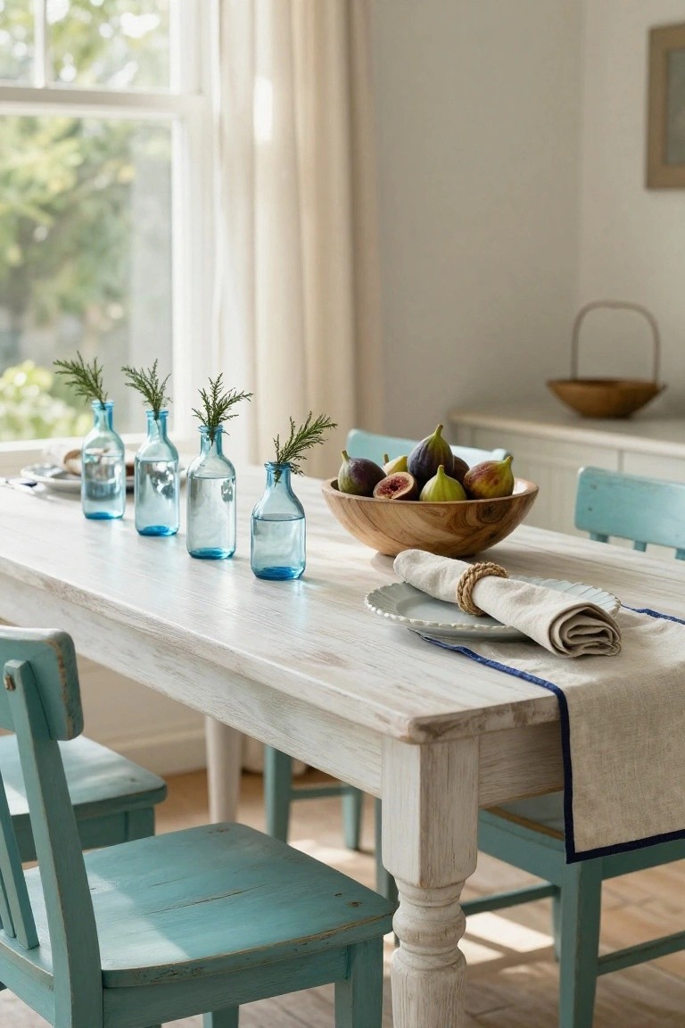 Long white wooden dining table with a row of blue glass vases containing rosemary sprigs, a central wooden bowl of figs, turquoise chairs, and a beige runner in a bright room with sheer curtains.