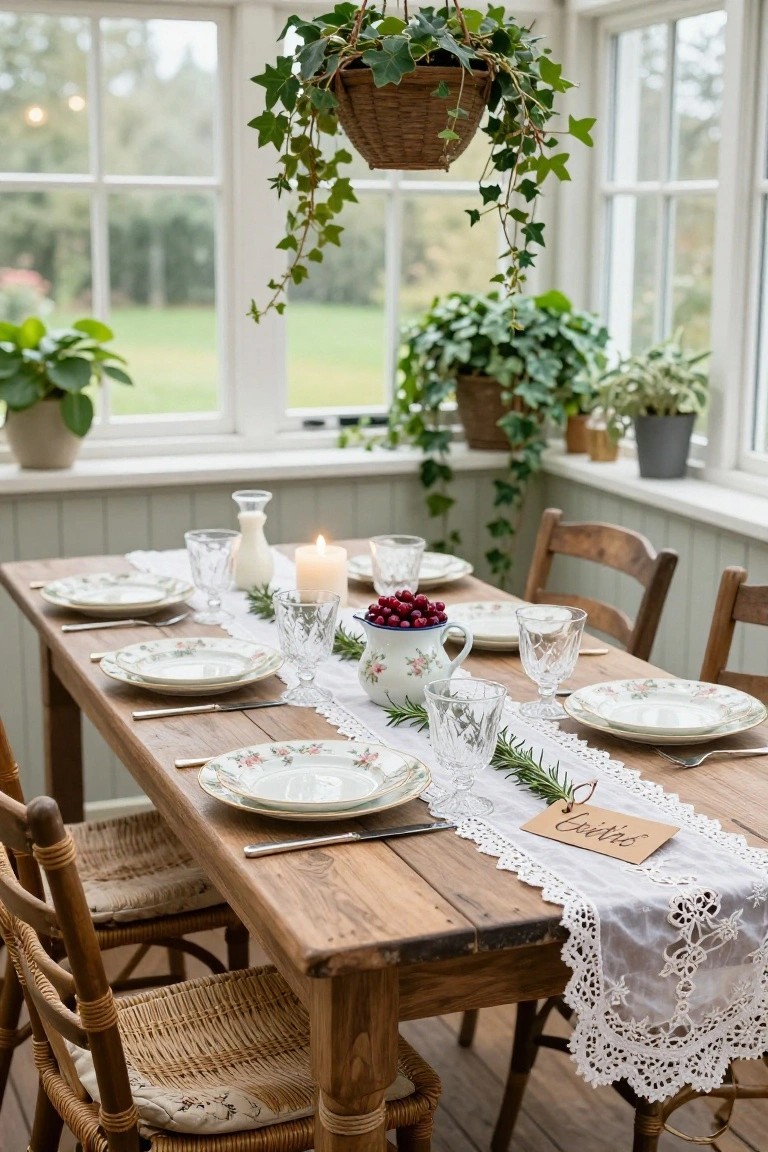 Long wooden dining table in a sunroom set for Christmas dinner with a white lace runner, fresh rosemary sprigs, a blue-and-white jug of red lingonberries, candles, crystal glassware, floral plates, wooden chairs, and hanging ivy plants.