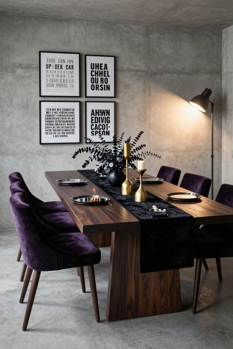Long dark wood dining table with black velvet runner, gold candlesticks, metallic trays, black vase with branches, purple velvet chairs, and abstract black-and-white art on gray concrete walls lit by a floor lamp.