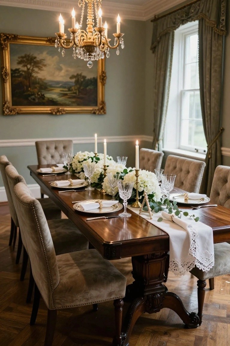 A long wooden dining table in a green-walled room set with white flower arrangements, multiple candles, crystal glassware, white linens, and gold napkin rings under a crystal chandelier.