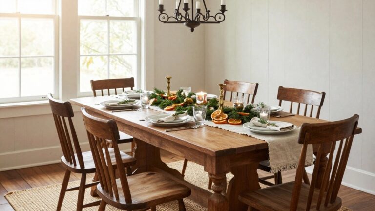 Wooden dining table in a white-walled room set with white plates, linen napkins tied with rosemary, glasses, and a centerpiece garland of fir branches, dried orange slices, and brass candlesticks, under a chandelier hung with oranges and greenery.