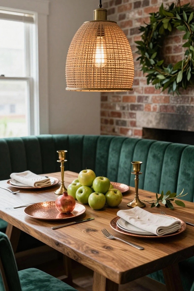 Wooden dining table set with copper plates, white folded napkins, brass candlesticks, bowl of green apples, pomegranate on copper plate, and silverware, beside emerald green tufted banquette seating, rattan pendant light overhead, brick wall with evergreen wreath behind.