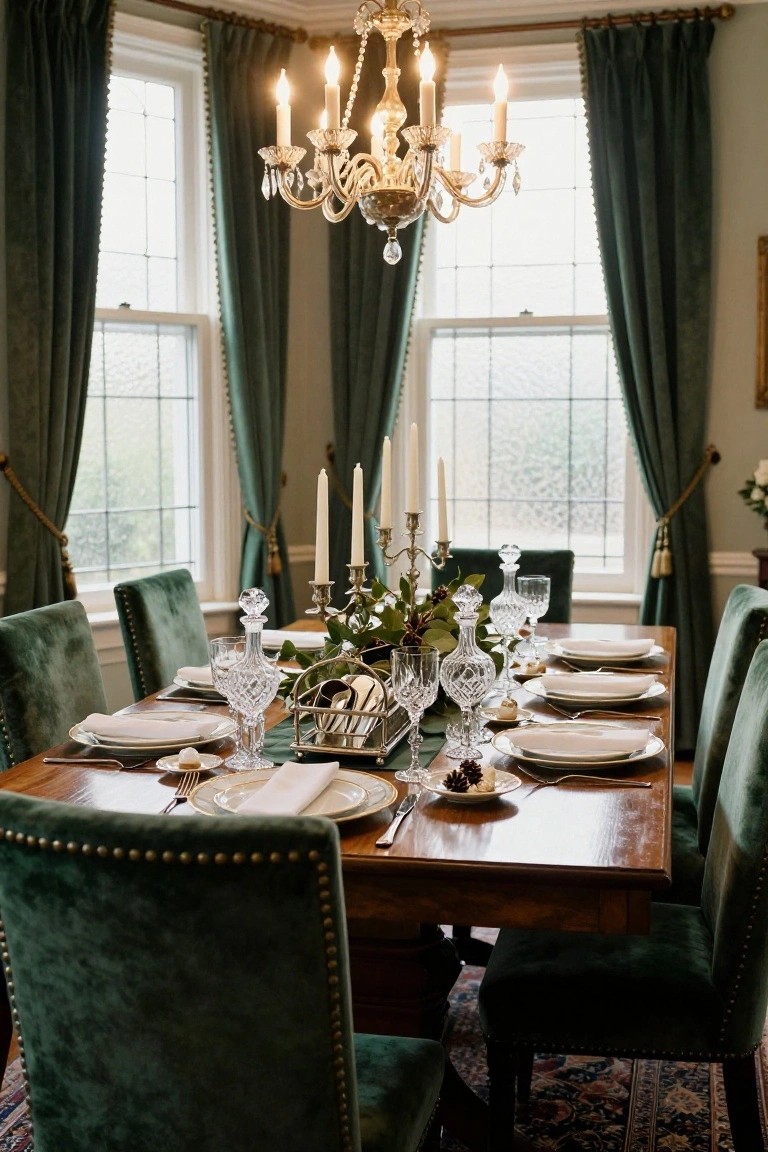 A formal dining room with a long wooden table set for Christmas featuring white plates, crystal glassware, candles, greenery centerpiece, and pinecones, surrounded by green velvet tufted chairs under a chandelier with emerald green drapes on windows.