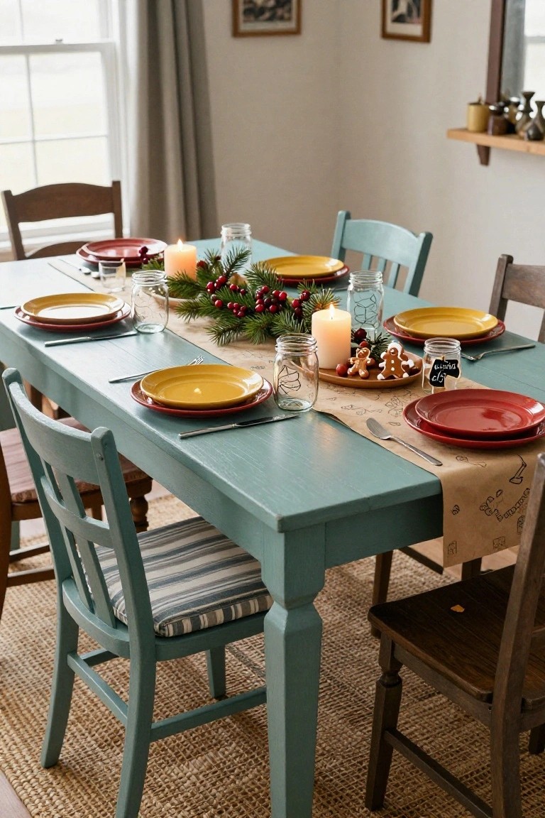 Long turquoise wooden dining table set for Christmas dinner with a brown paper runner down the center, decorated with pine branches, red berries, white candles in glass jars, yellow plates, red plates, mason jars, and gingerbread cookie figures, surrounded by mismatched wooden chairs on a rug in a room with white walls and a window.