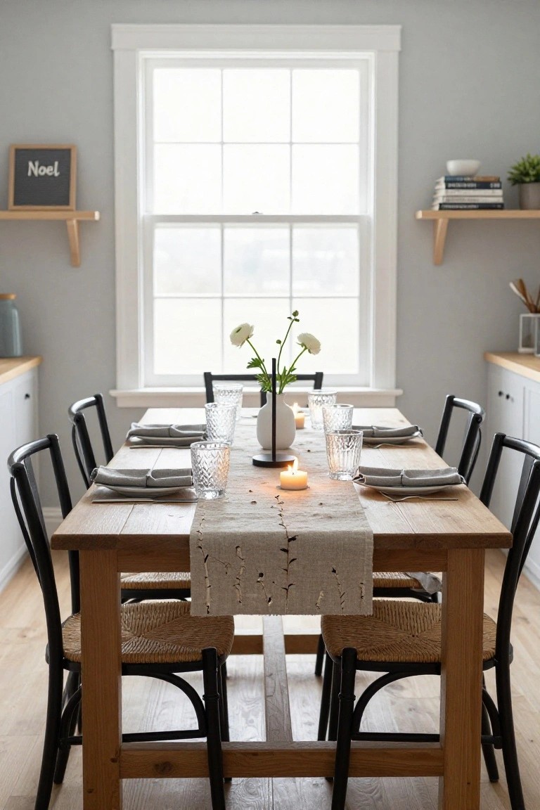 Long rectangular wooden dining table in a light gray room, set with beige linen runner, white plates, gray napkins, etched glass tumblers, white flower vase, candle, and milk glass vase, surrounded by black chairs, with a Noel sign on the wall near a window.
