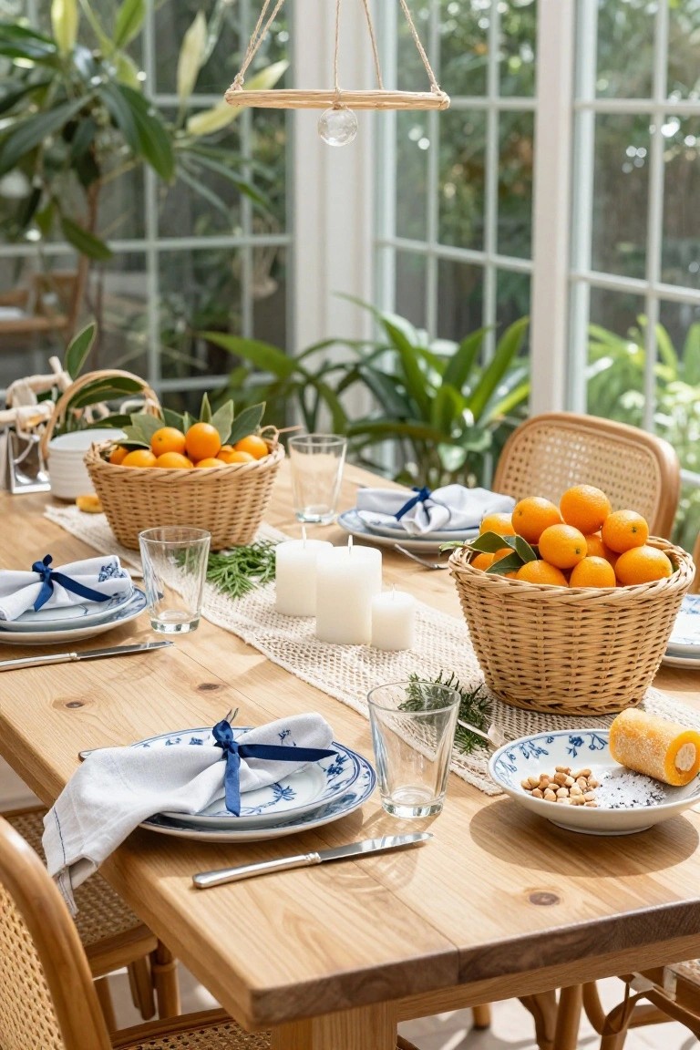 Wooden dining table in a glass-enclosed room set with multiple wicker baskets of oranges, white candles, blue napkins tied with ribbons on blue and white plates, glasses, and rattan chairs.