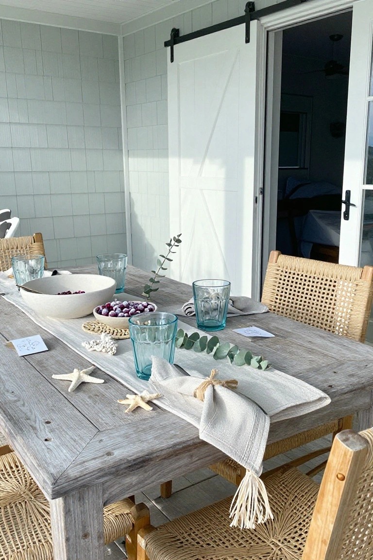 Outdoor rectangular wooden dining table on a porch set with large white bowl of berries, smaller berry bowls, eucalyptus branches, sea stars, blue glasses, linen runner, and rattan chairs next to open sliding barn doors.