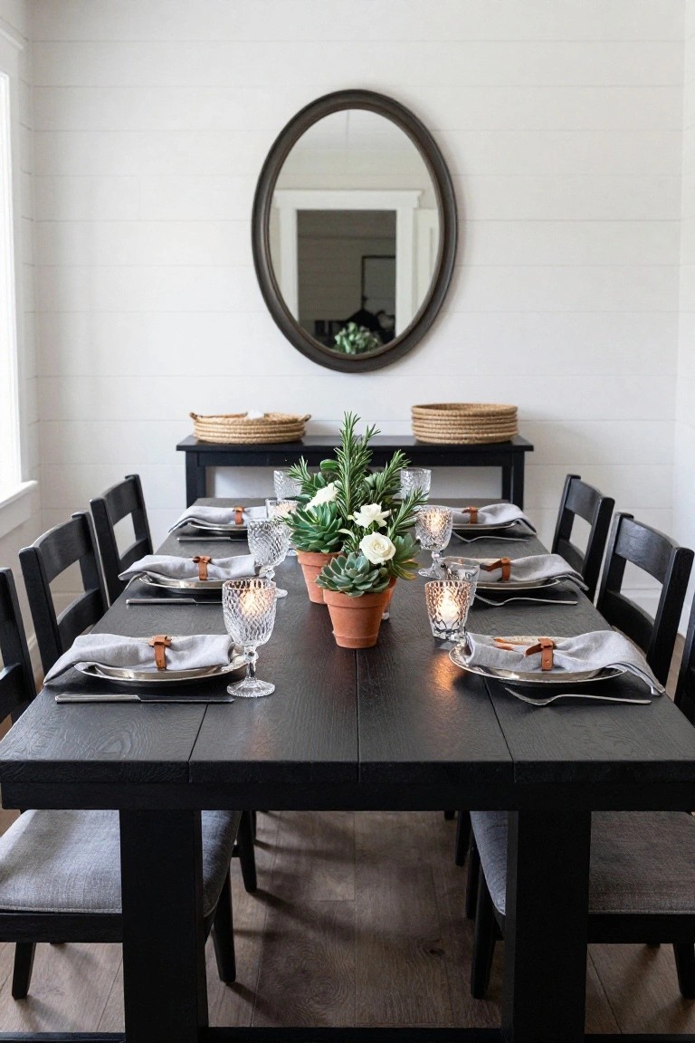 Long black wooden dining table in white shiplap room set with potted succulents, rosemary, white flowers, candles in glassware, linen napkins with leather ties, black chairs, and woven baskets on side table.