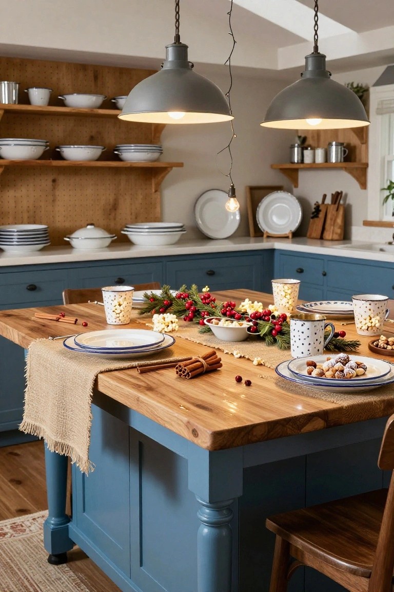 A rustic kitchen island table set for Christmas with berry garlands, cinnamon sticks, popcorn bowls, nuts, and plates on a burlap runner, surrounded by wooden cabinets and shelves.