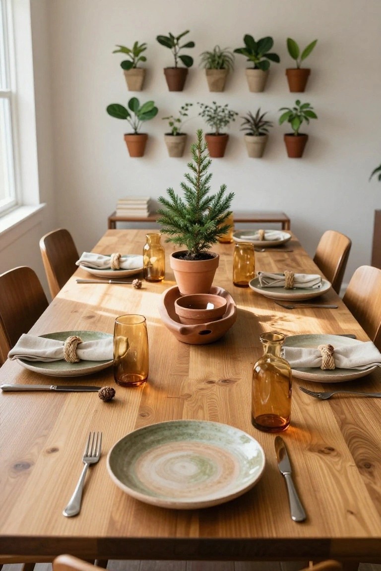 Long wooden dining table set with green and cream plates, amber glassware, rope-tied linen napkins, a small potted pine tree centerpiece, terracotta pots, and various potted plants mounted on the white wall in a sunlit room.