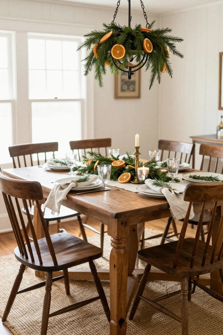 Wooden dining table in a white-walled room set with white plates, linen napkins tied with rosemary, glasses, and a centerpiece garland of fir branches, dried orange slices, and brass candlesticks, under a chandelier hung with oranges and greenery.