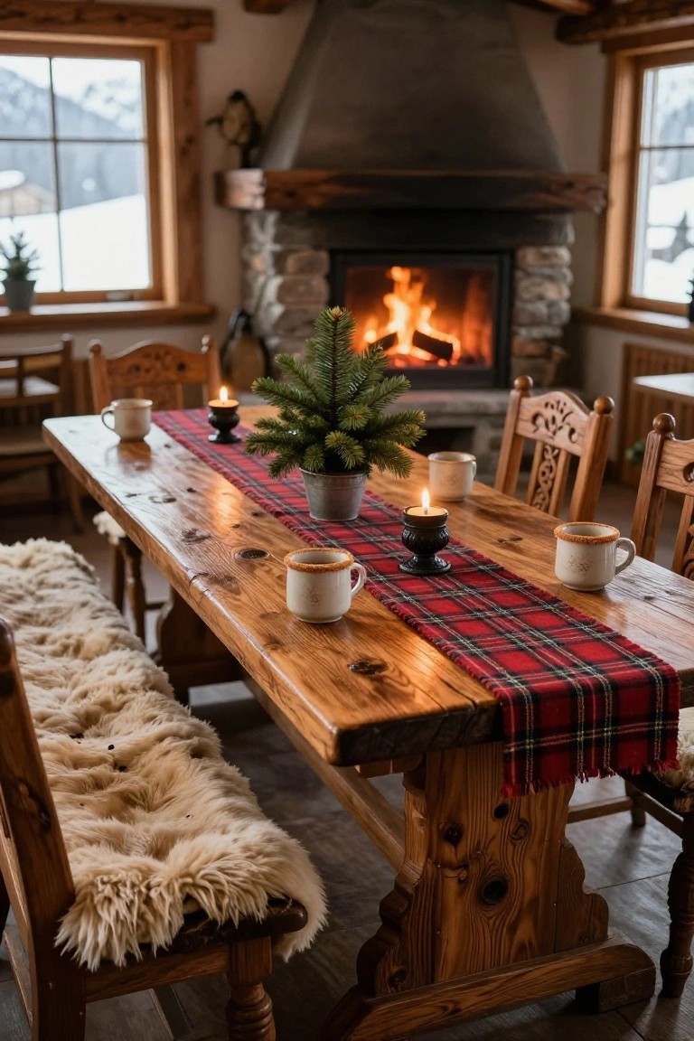 A long rustic wooden dining table in a cozy alpine-style room, covered with a red plaid runner, candles, ceramic mugs, and a small potted Christmas tree centerpiece, flanked by carved chairs with sheepskin cushions, next to a stone fireplace with snowy mountain views through windows.