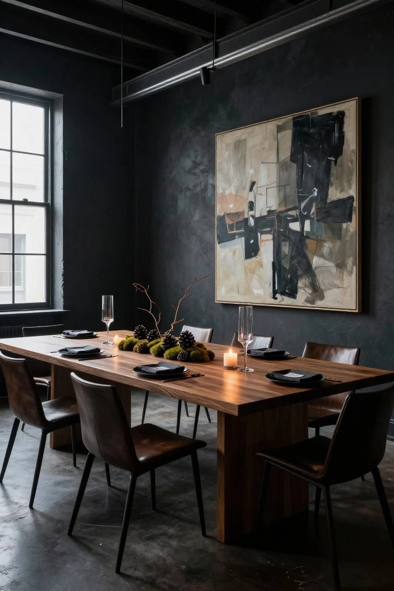Modern dark dining room with wooden table, leather chairs, and abstract wall art.