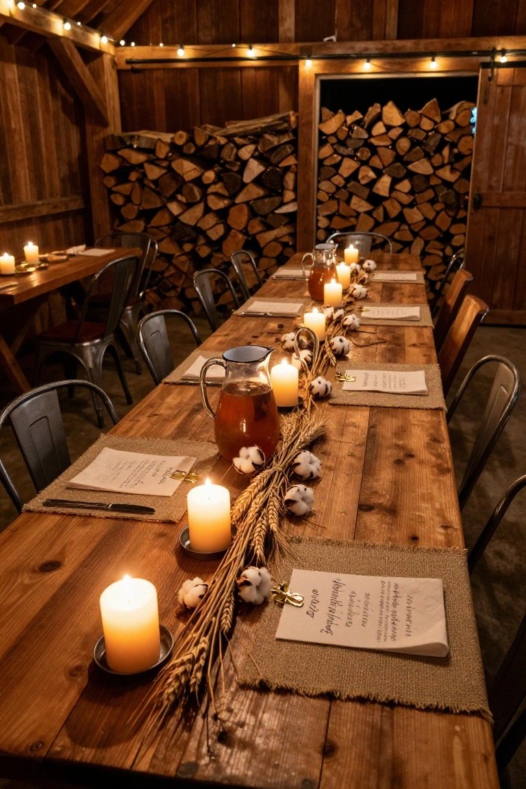 Long wooden table in a rustic barn with string lights overhead, set with beige placemats, menus, wheat sheaves, cotton bolls, candles, and a glass jug of amber liquid down the center runner.