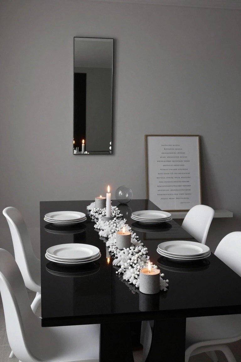 Long black dining table with central garland of white berries and flowers containing several lit candles, stacks of white plates at place settings, white molded plastic chairs, gray room with slim mirror and framed text on wall.