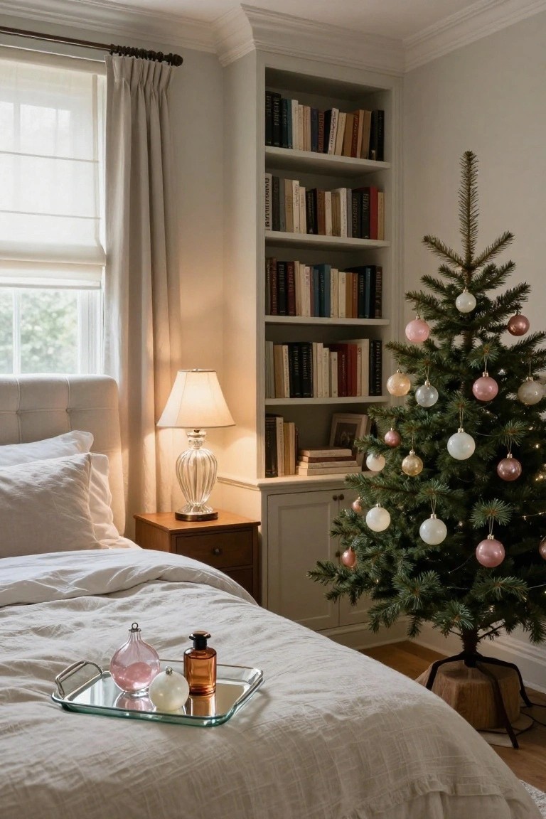 Bedroom corner featuring a small Christmas tree with pink, white, gold, and clear glass ornaments, beside gray bookshelves, a lamp on a wooden nightstand, and a bed with a tray holding pink glass bottles and a white ornament.