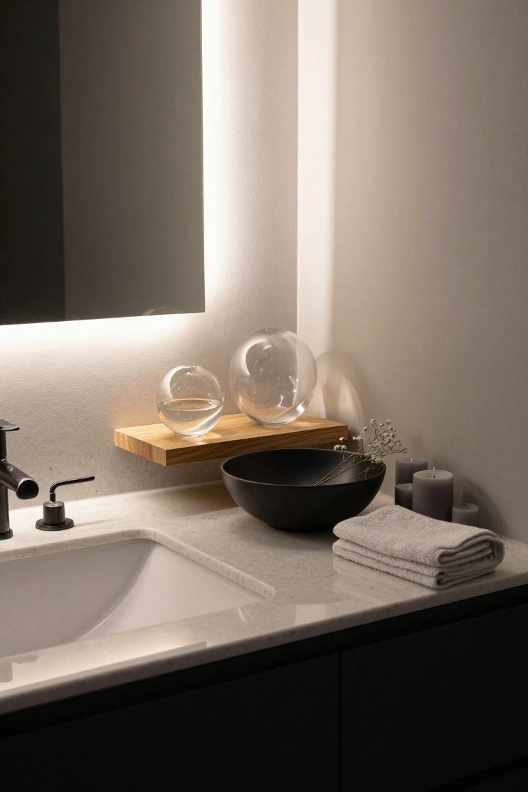 Modern bathroom vanity with white marble countertop and sink, black faucet, floating wooden shelf holding two clear glass spheres filled with water, black bowl with dried flowers, gray candles, and folded towels.