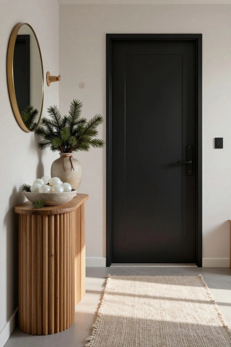Modern entryway corner with curved fluted wooden console table holding bowl of white glass Christmas ornaments and fir branches, gold round mirror with fir branch, beige vase, black door, light wood floor, and jute rug.