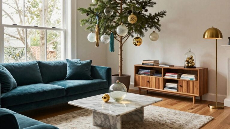 Living room with emerald green velvet L-shaped sofa, white marble coffee table, decorated Christmas tree with gold and clear glass ornaments, gold lamp, bookshelves, and large windows showing winter trees outside.