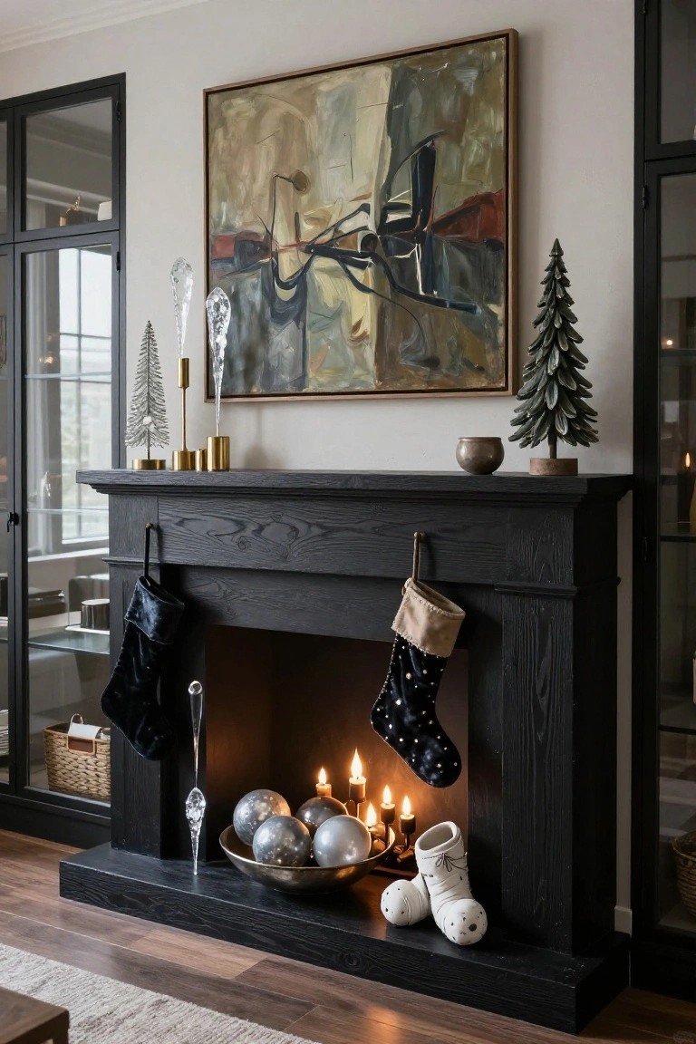 Black wood fireplace mantel holding Christmas stockings, white ceramic boots, silver glass balls in a brass bowl, candles on candelabras, small evergreen trees, gold candleholders, and dangling glass icicles in a modern living room with abstract wall art and glass doors.