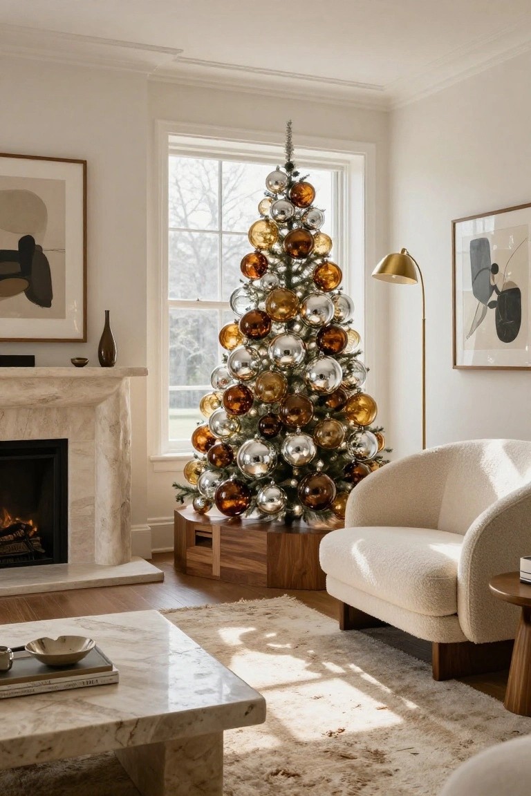 A Christmas tree decorated with large round glass ornaments in bronze, gold, amber, and silver sits in a living room corner next to a marble fireplace, with abstract wall art, a cream curved armchair, and a wood side table nearby.