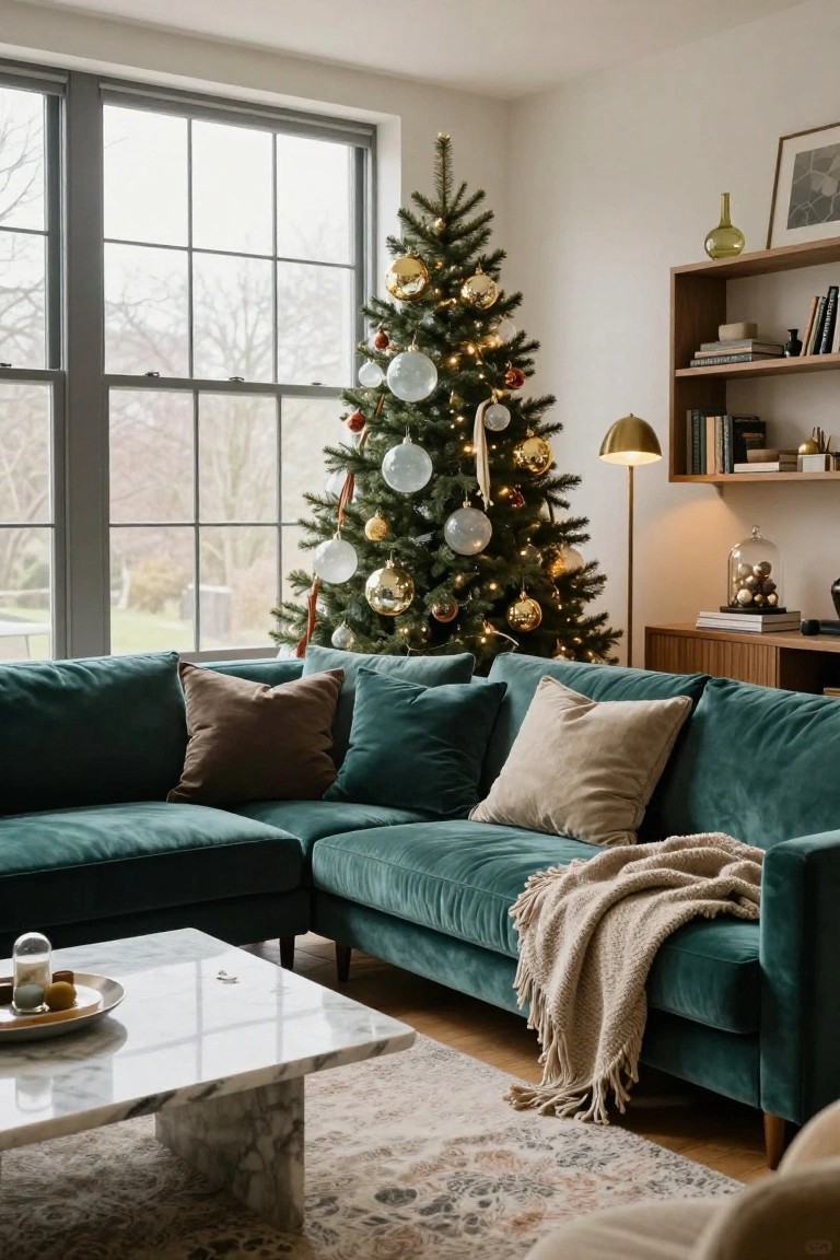 Living room with emerald green velvet L-shaped sofa, white marble coffee table, decorated Christmas tree with gold and clear glass ornaments, gold lamp, bookshelves, and large windows showing winter trees outside.
