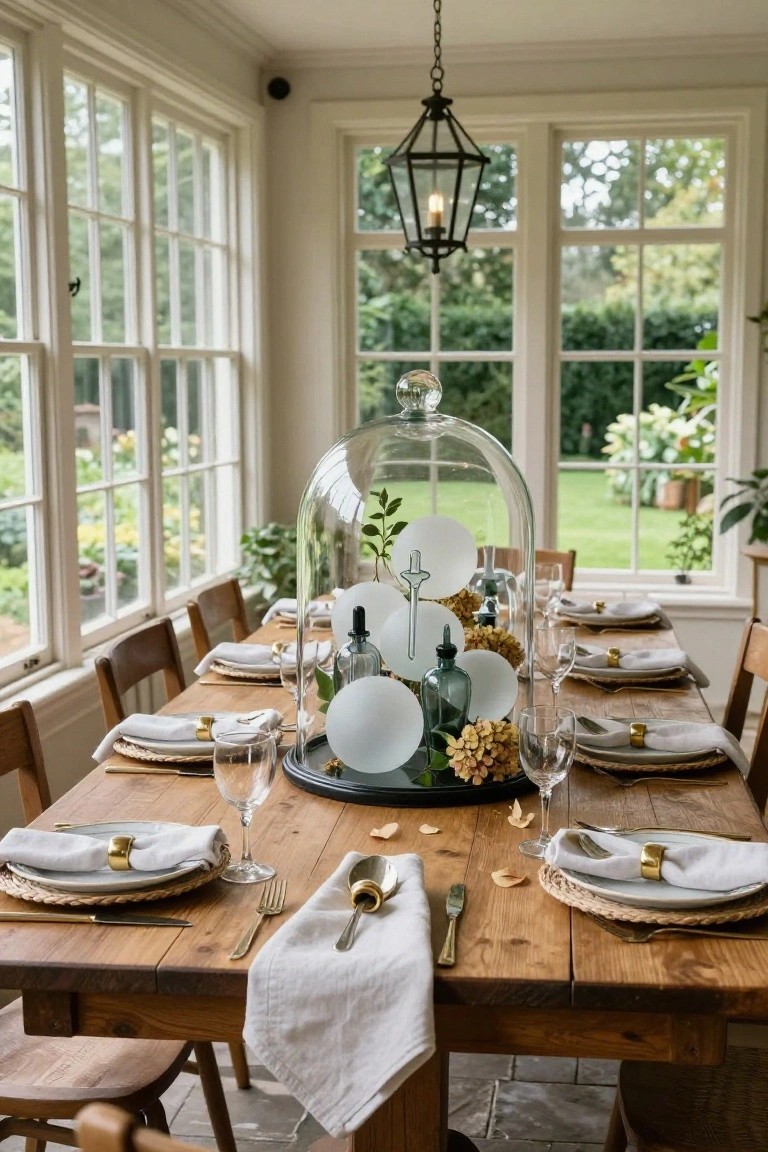 Dining table in a glass-walled sunroom with wooden chairs, white plates on seagrass placemats, gold napkin rings, wine glasses, and a large glass dome centerpiece containing white circular glass pieces, green-tinted dropper bottles, and yellow hydrangeas on a black base.