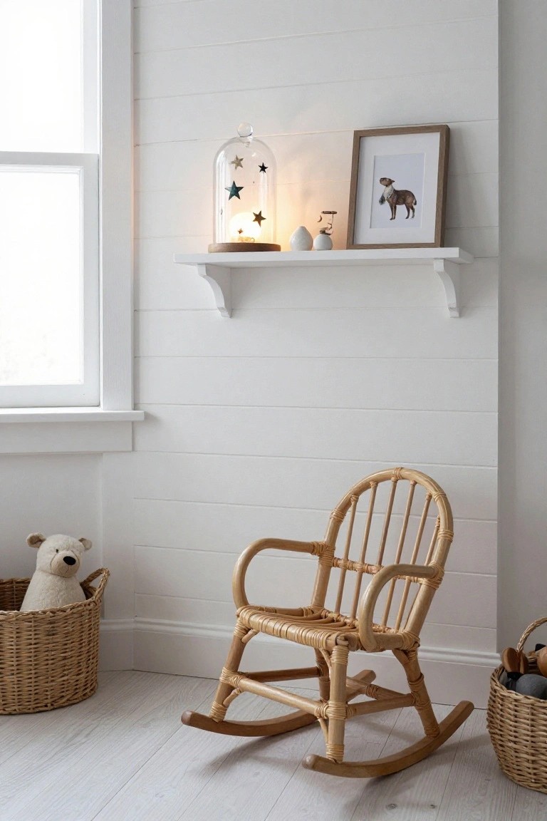 White shiplap wall in a nursery with wooden shelf holding glass dome over star ornaments and fairy light, small ceramics, and framed dog artwork; rattan rocking chair below with wicker baskets containing teddy bear and toys on light wood floor.