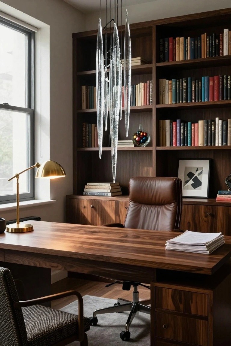 Home office interior with walnut wood bookshelves full of books, a large matching desk topped with papers, brown leather swivel chair, brass adjustable desk lamp, and a ceiling chandelier of elongated clear glass icicle pendants.