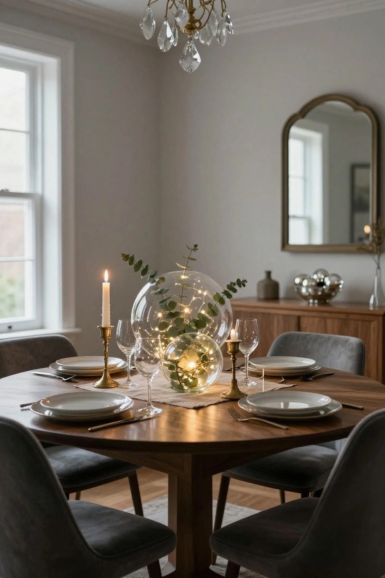 Dining room table set for four with white plates, gold candlesticks holding white candles, wine glasses, and a large clear glass sphere filled with fairy lights and eucalyptus branches as the centerpiece, gray upholstered chairs around a wood table, chandelier overhead, and mirror on the wall.