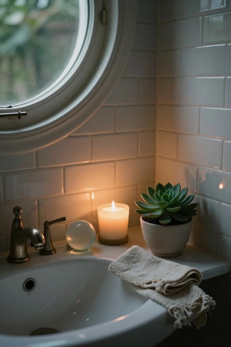 Bathroom vanity corner with white subway tile walls, lit white candle on wood base, potted green succulent, clear glass orb, folded beige towel on white shelf, brass faucet, and round window.