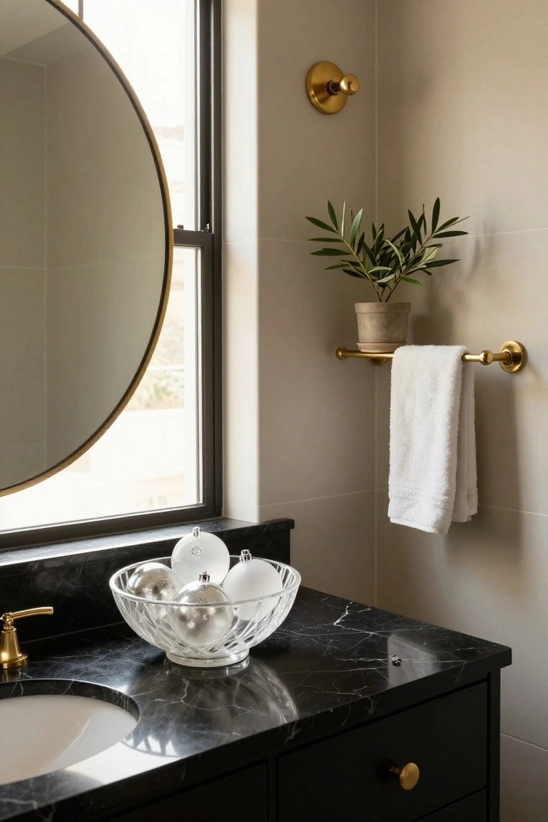 Bathroom vanity with black marble countertop holding a clear glass bowl filled with clear and silver glass Christmas ornaments next to a white sink, gold faucet, black cabinetry, large round gold-framed mirror, potted olive plant on a shelf, and gold towel rail on beige tiled wall.