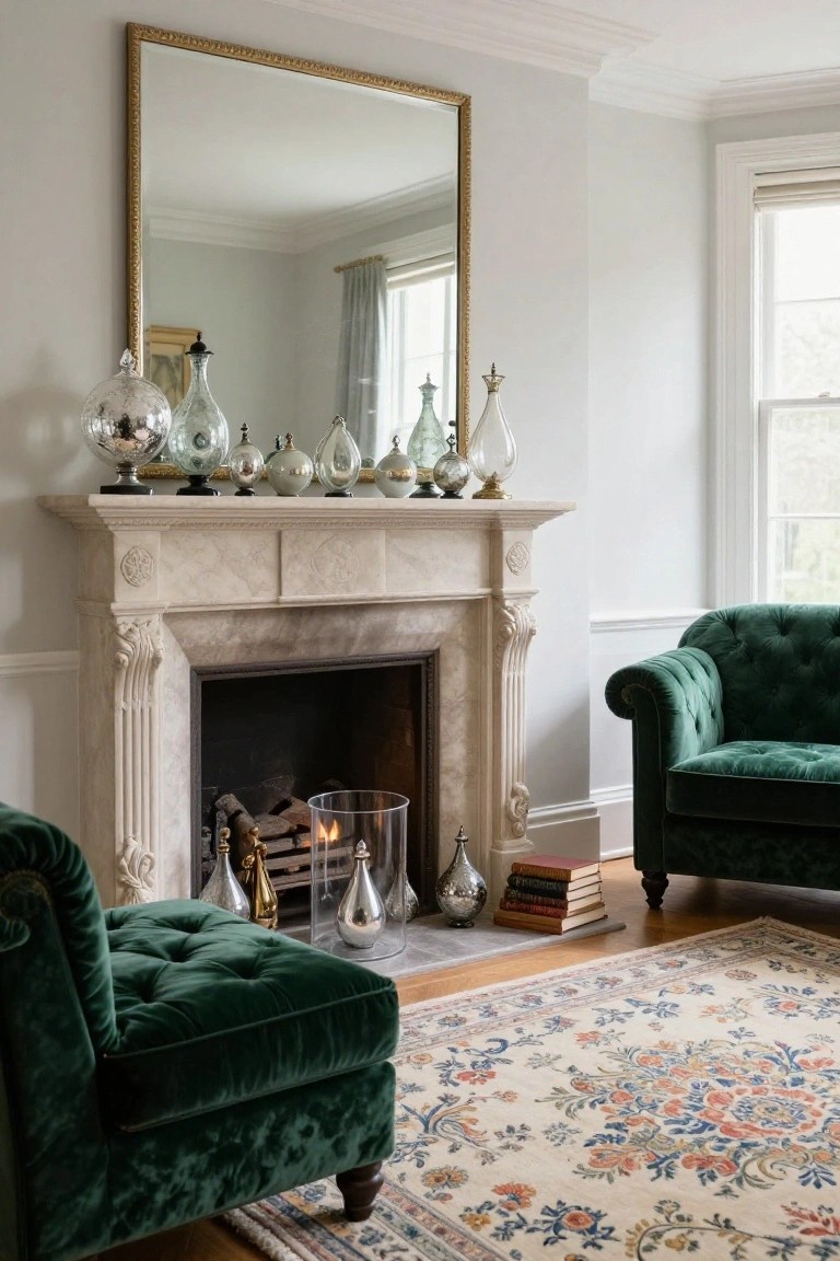 A pale gray living room features a marble fireplace mantel topped with assorted glass cloches, vases, bottles, and ornaments, with two green velvet armchairs on a patterned rug nearby.