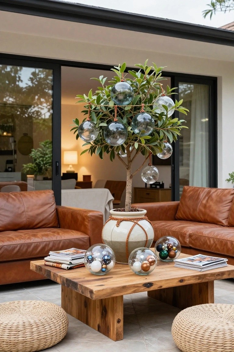 Outdoor patio seating area with tan leather sofas around a rustic wood coffee table holding glass containers filled with small ornaments, a potted olive tree with large clear glass baubles hanging from branches, and open glass doors revealing an interior room.