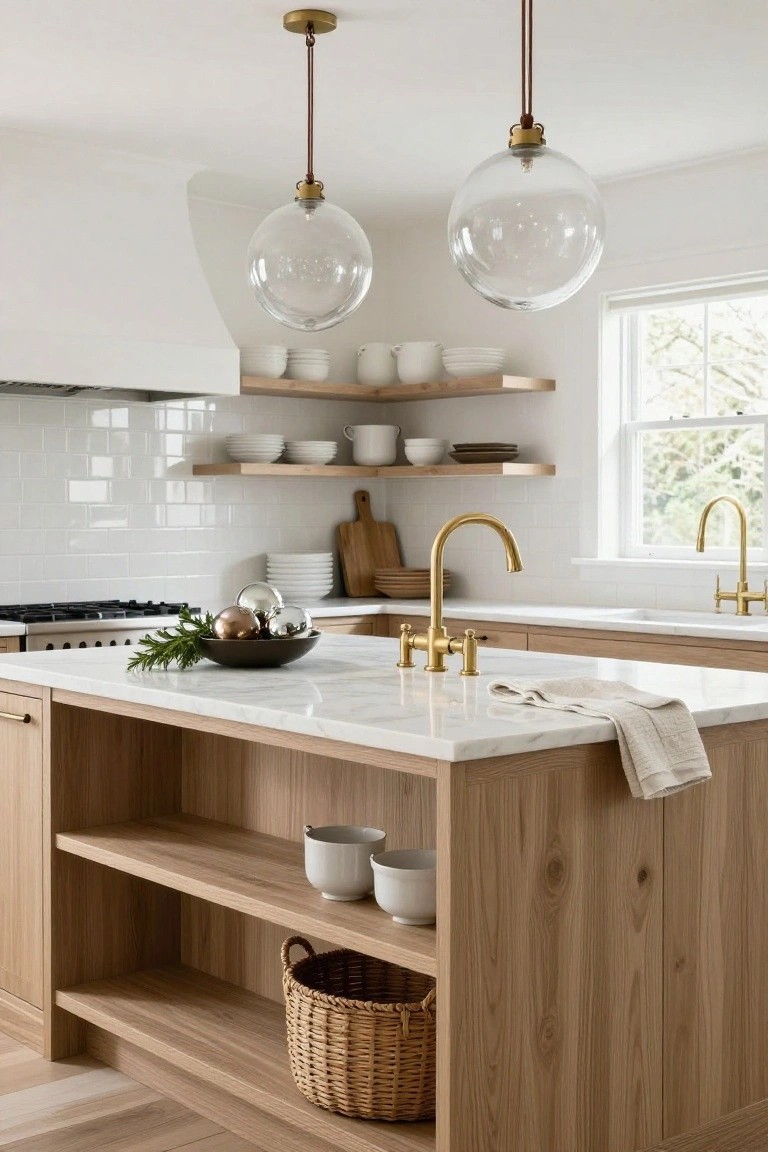 Modern kitchen with white subway tile backsplash, oak wood cabinets and island, white marble countertop holding a bowl of gold and silver glass Christmas ornaments with rosemary sprigs, gold faucets, and clear glass pendant lights.