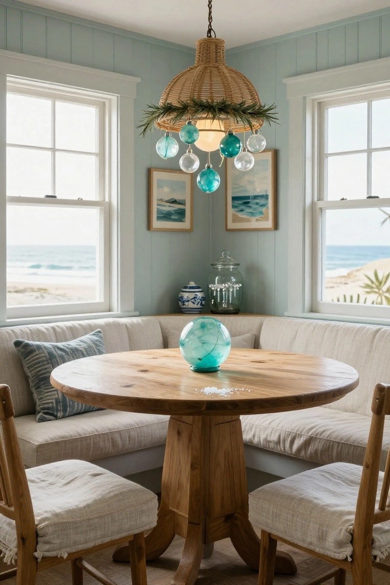Corner breakfast nook in a light blue paneled room with beige banquette seating around a round wooden table, large blue glass orb on table, woven chandelier hanging blue and clear glass ornaments above, ocean view through windows, and beach paintings on walls.