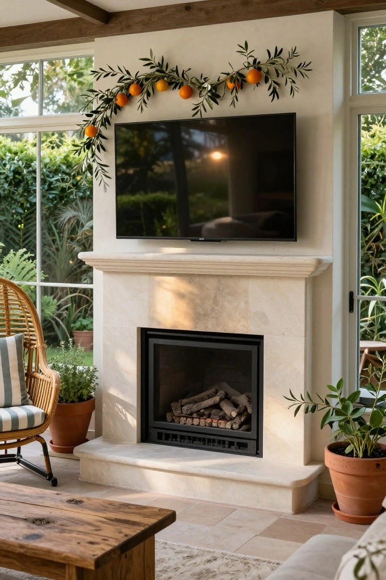 Stone fireplace mantel with a mounted TV above, decorated by a garland of olive branches and oranges draped along the sides, in a sunlit room with wicker chair, plants, wood coffee table, and large windows showing greenery outside.