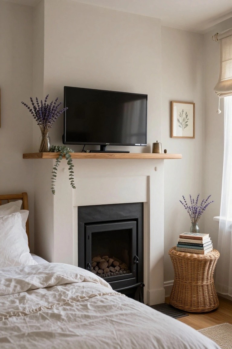 Bedroom corner showing a fireplace with black insert, oak mantel holding a TV, trailing eucalyptus garland, lavender bouquets in vases, wooden bed with white linens nearby, and wicker side table with stacked books.
