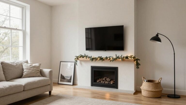 18 Mantle Styling With TV and Garland That Still Looks Cohesive White gas fireplace with oak wood mantle decorated by evergreen garland and fairy lights, mounted TV above, arc floor lamp, framed art, beige sofa, and wicker basket in a light wood floor living room.