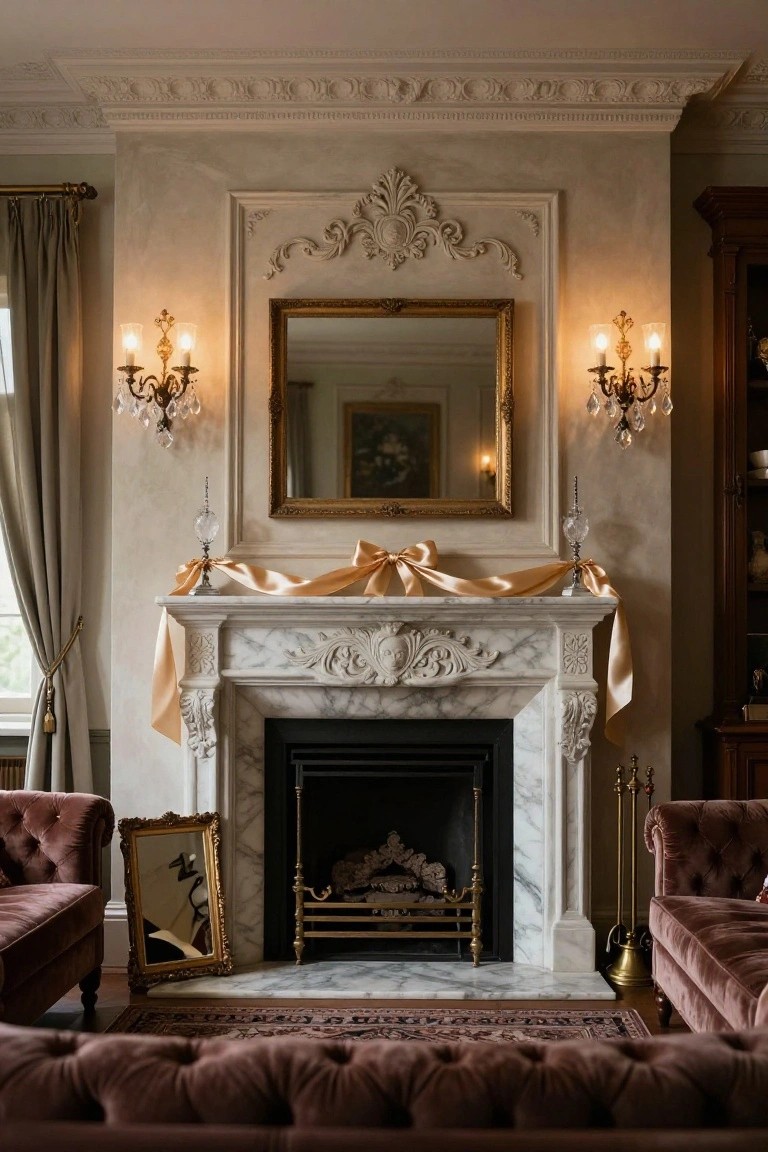 A traditional living room with a white carved marble fireplace mantel decorated with draped gold satin ribbon garland and a central bow, a large gold-framed mirror above flanked by wall sconces and smaller mirrors, velvet armchairs in front.