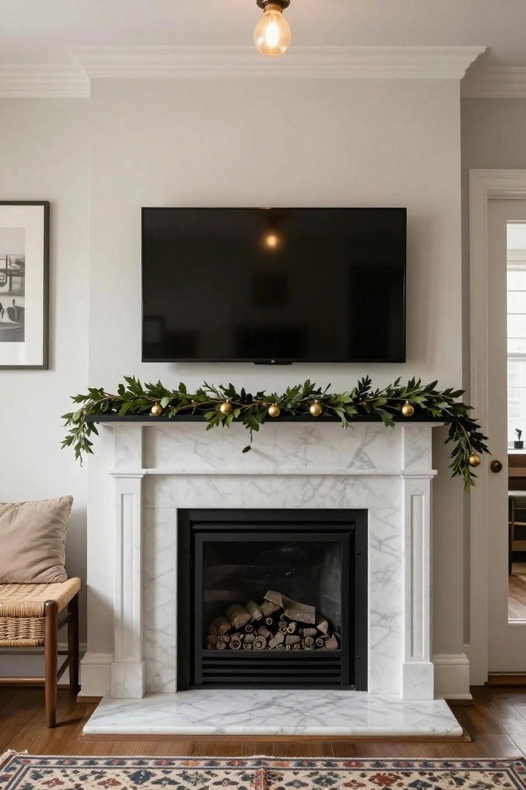 White marble fireplace with black TV mounted above the mantel decorated by green leafy garland and gold baubles, next to a beige armchair and rattan stool in a light gray room with wood floors.