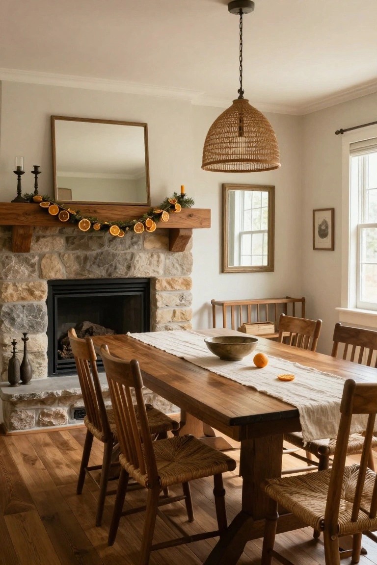Wood mantle above stone fireplace decorated with garland of dried orange slices and evergreen sprigs, wooden dining table with rattan chairs and linen runner in a light neutral room with windows.