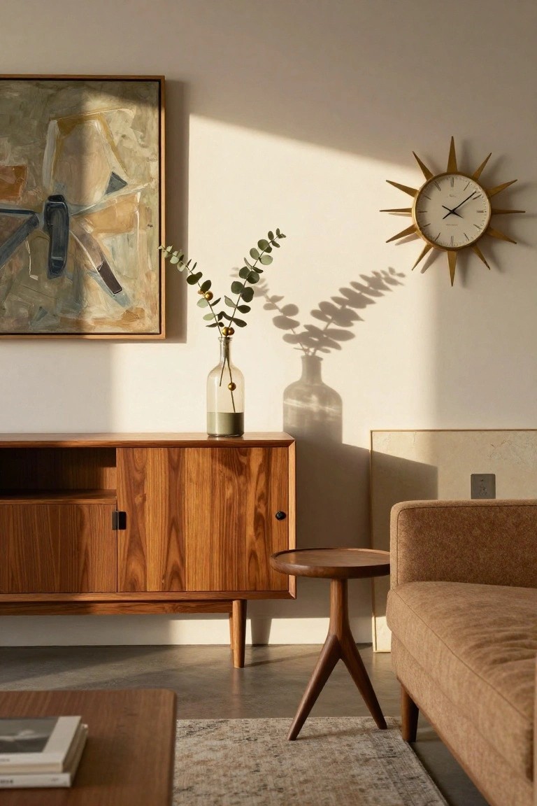 Living room interior with brown wooden credenza as TV stand topped by glass vase of eucalyptus, tan fabric armchair nearby, tripod wood side table, coffee table with books, abstract painting and gold sunburst clock on walls, concrete floor and rug.
